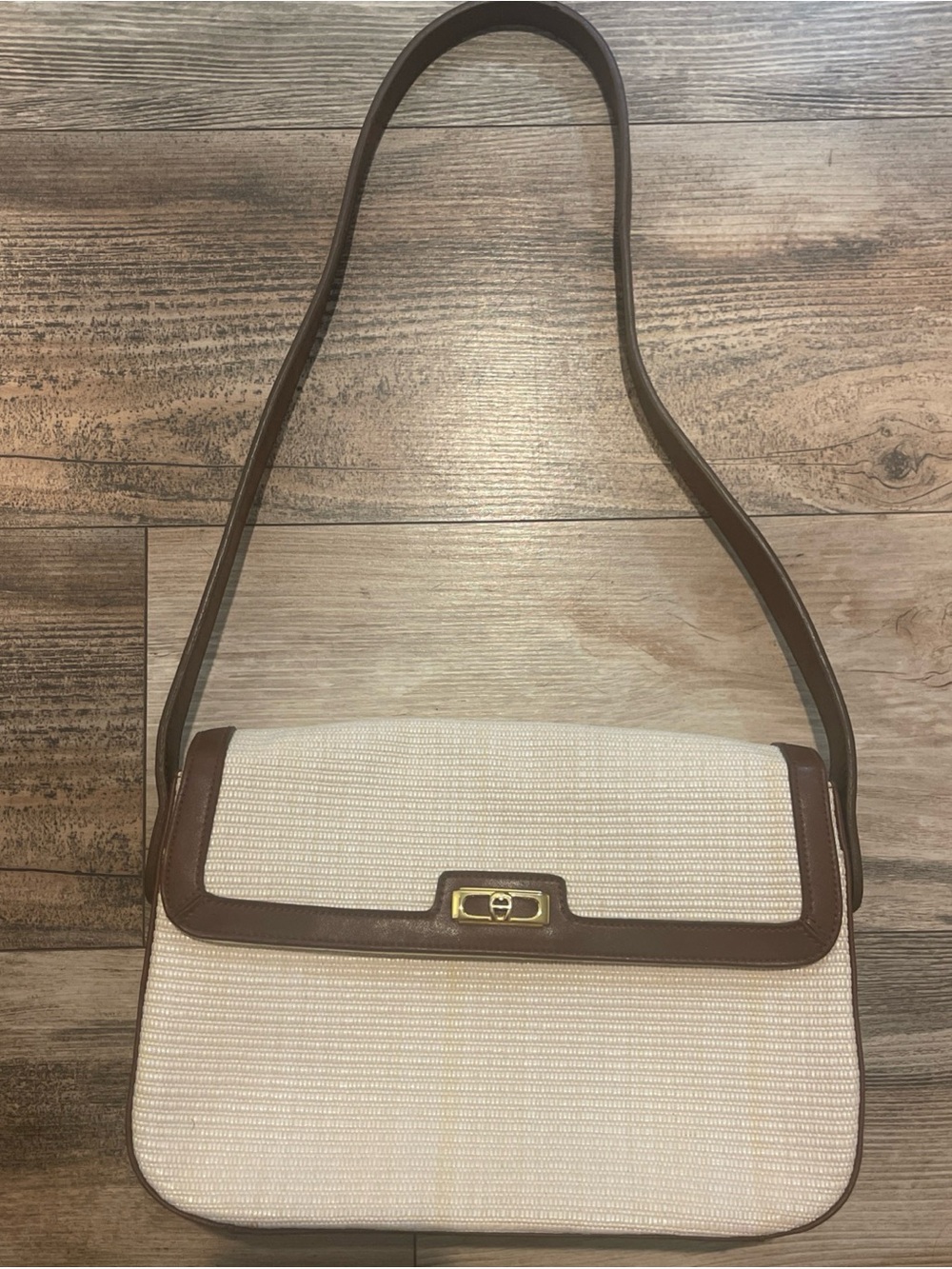 Etienne Aigner Beige Woven Shoulder Bag Brown Leather Trim Gold Hardware Logo